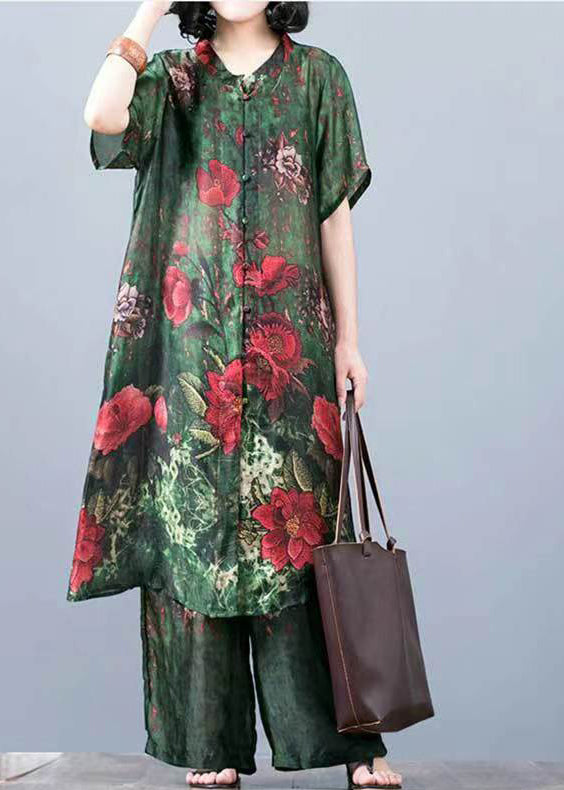 French Green Stand Collar Print Silk Dress and Wide Leg Pants Two Pieces Set Summer