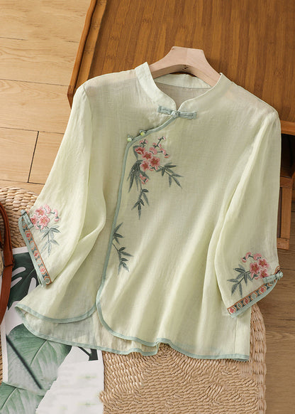 White Stand Collar Embroidered Linen Shirt Bracelet Sleeve