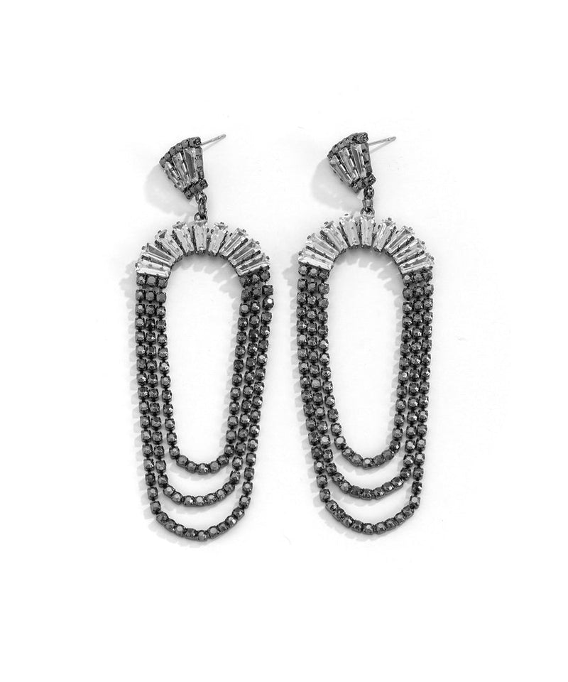 Black Alloy Zircon Sector Chain Drop Earrings