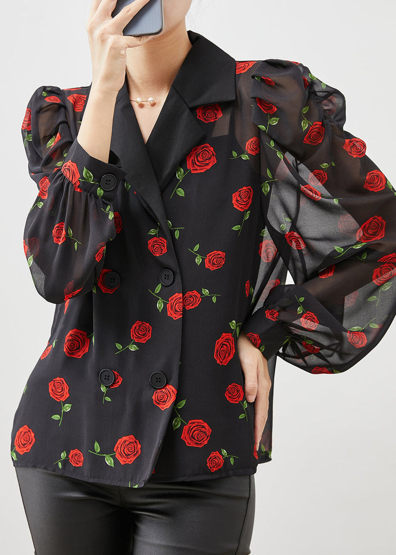 Boutique Black Double Breast Chiffon Shirt Puff Sleeve