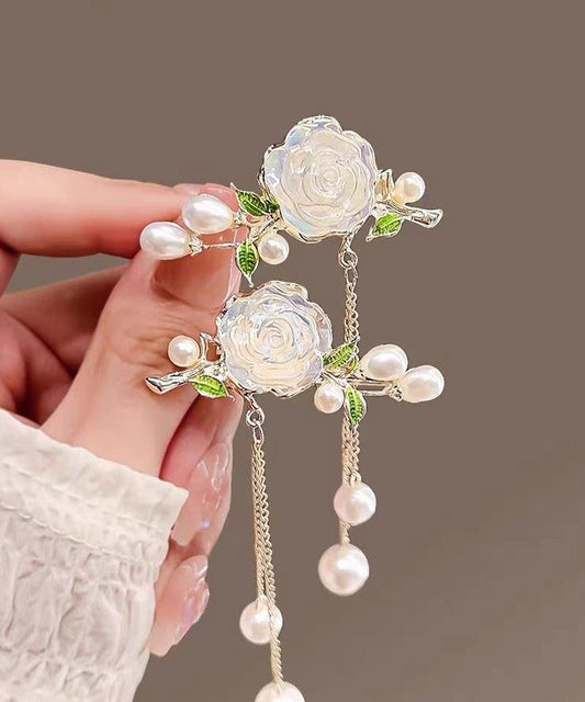 White Alloy Colored Glaze Camellia Pearl Tassel a Pair Hairpin