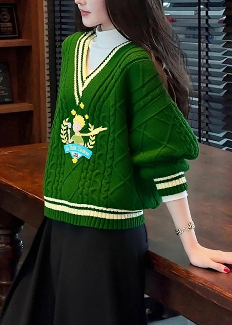 Unique Tea Green V Neck Thick Knit Sweater Spring