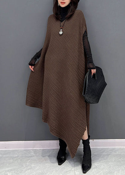 Chocolate Asymmetrical Design Wrinkled Cotton Holiday Dress Fall