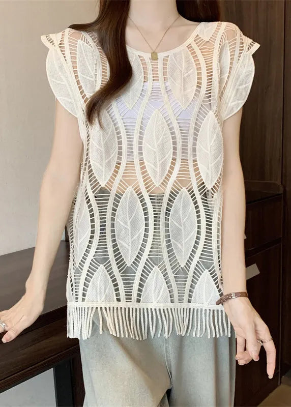Art Apricot O-neck Tasseled Hollow Out Cotton Tank Summer