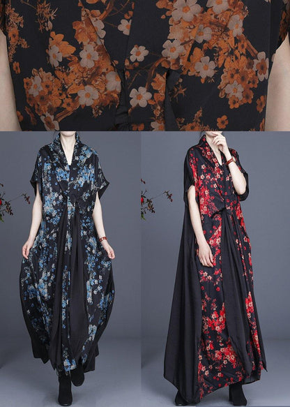 Simple Blue Patchwork V Neck Long Dress Summer