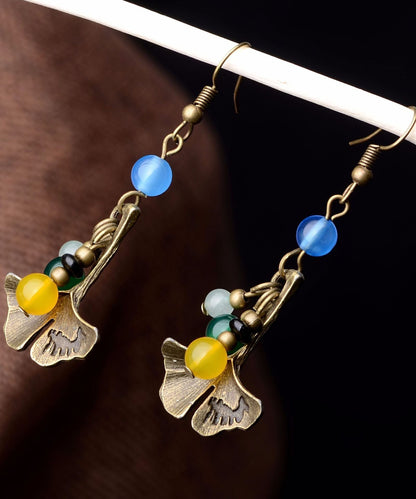 Multi Agate Ginkgo Leaf Made of Copper Drop Earrings
