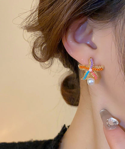 Rainbow Alloy Zircon Pearl Starfish Stud Earrings