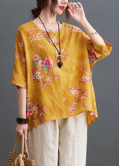Yellow O-neck Print Linen Tank Tops Half Sleeve