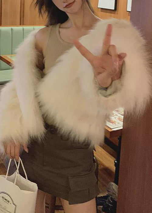 New White O Neck Leather and Fur Coats Spring
