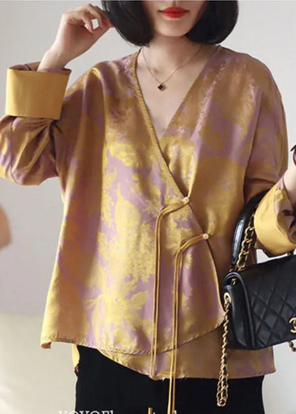 Yellow Print Patchwork Silk Tops Asymmetrical Long Sleeve