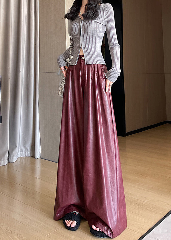 New Red Pockets High Waist Faux Leather Wide Leg Pants Spring