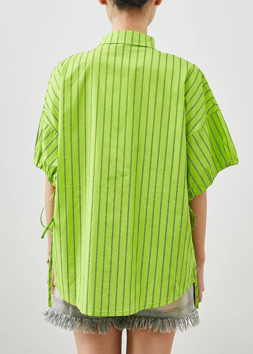 Grass Green Striped Cotton Shirt Tops Summer