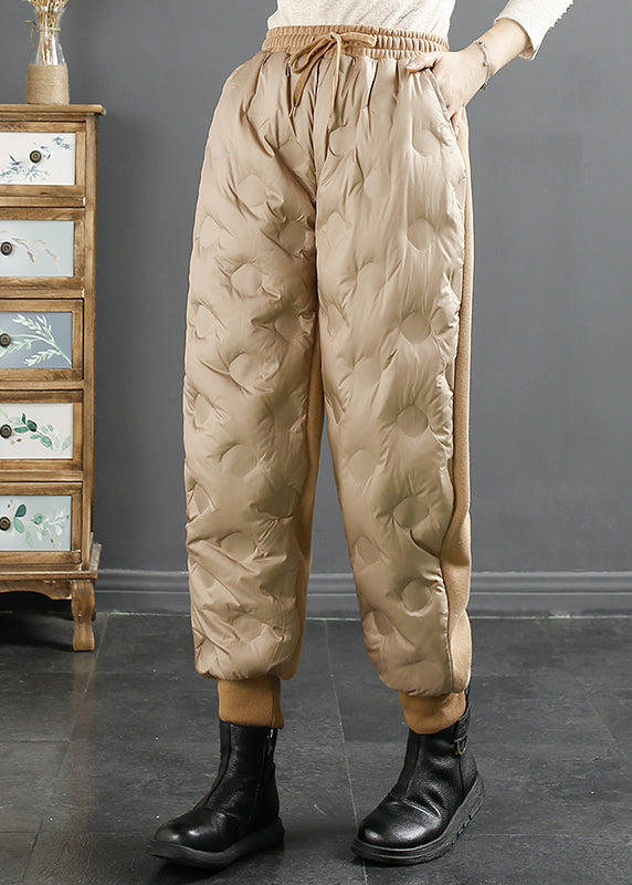 Loose Coffee Pockets Elastic Waist Duck Down Beam Pants Winter
