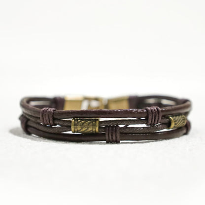Buddha Stones Leather Wrist Band Brown Rope Layered Bracelet Bangle
