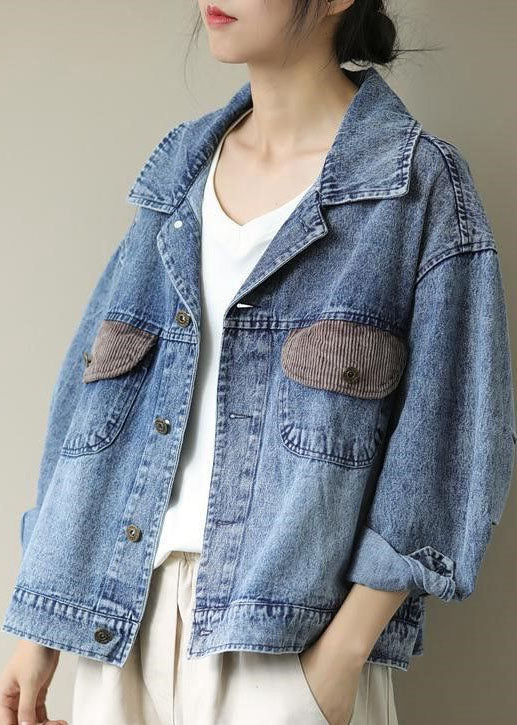 Organic Blue Peter Pan Collar Pockets Denim Coats Spring