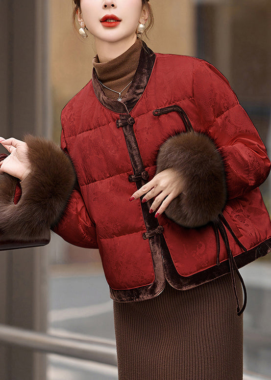 Red Mandarin Collar Patchwork Duck Down Puffer Coat Winter