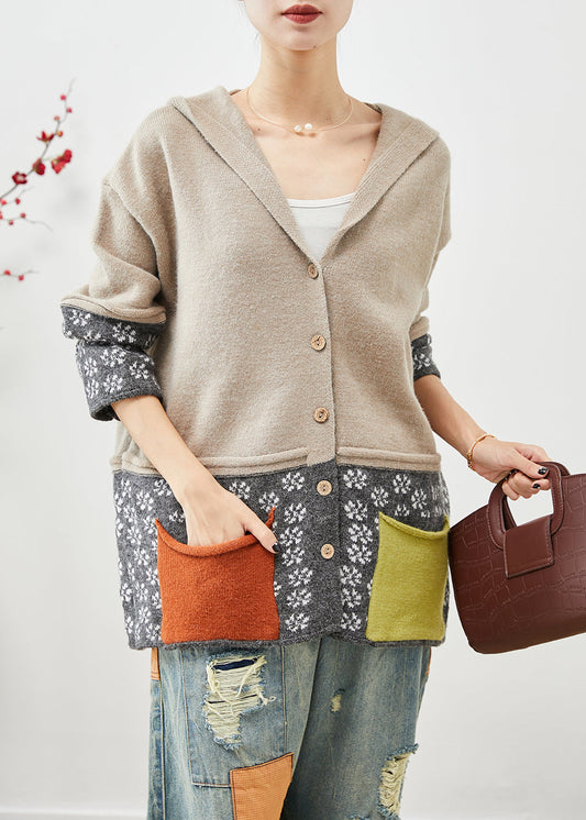 Khaki Hooded Patchwork Pockets Knit Coat Fall