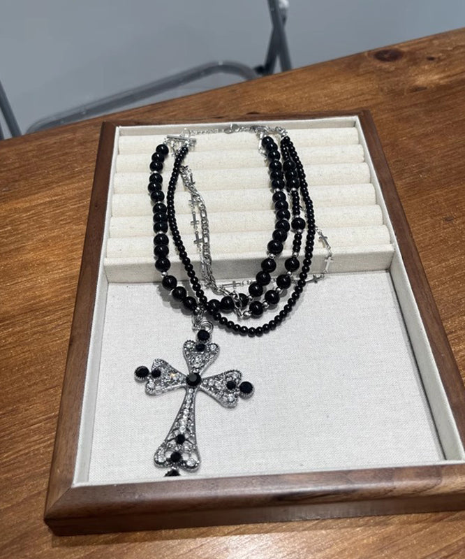 Black Metal Alloy Zircon Multilayer Beads Cross Gratuated Bead Necklace
