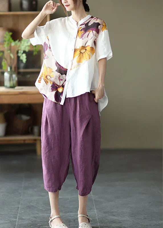 White Asymmetrical Design Print Loose Fall Shirt Half Sleeve