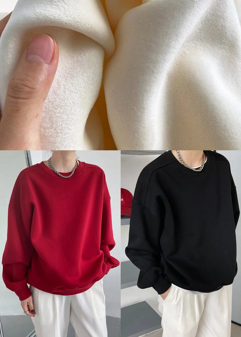 Loose Red O Neck Warm Fleece Sweatshirt Fall