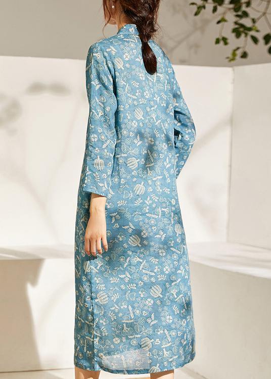 French Blue Print Patchwork Button Summer Ramie Sundress