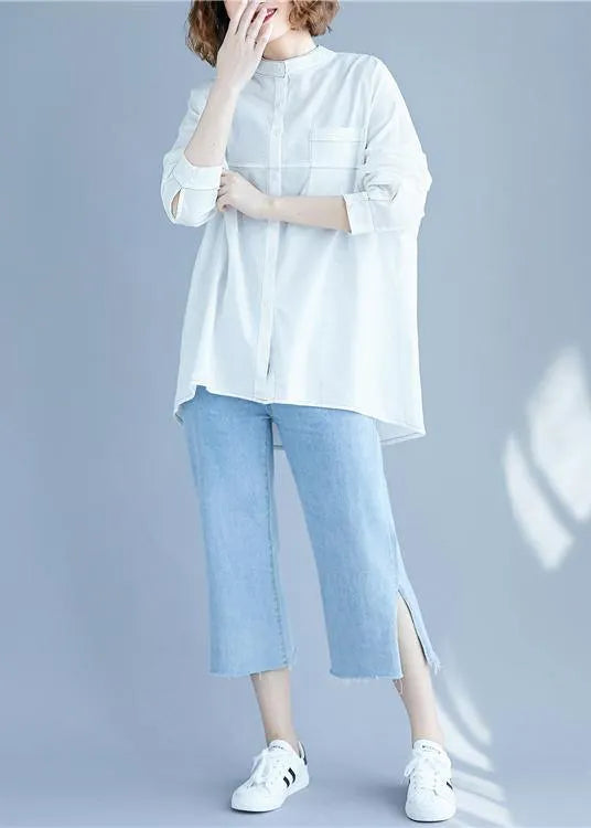 White Low High Design Long Sleeve Blouses
