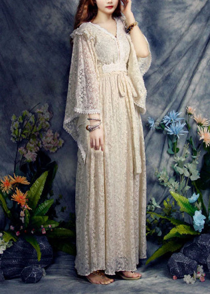 Apricot V Neck Hollow Out Lace Vacation Cinch Dresses Spring