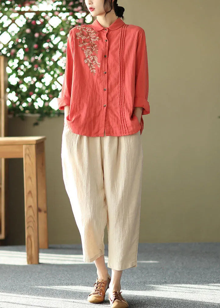 Red Slim Fit Cotton Shirt Top Embroideried Wrinkled Spring