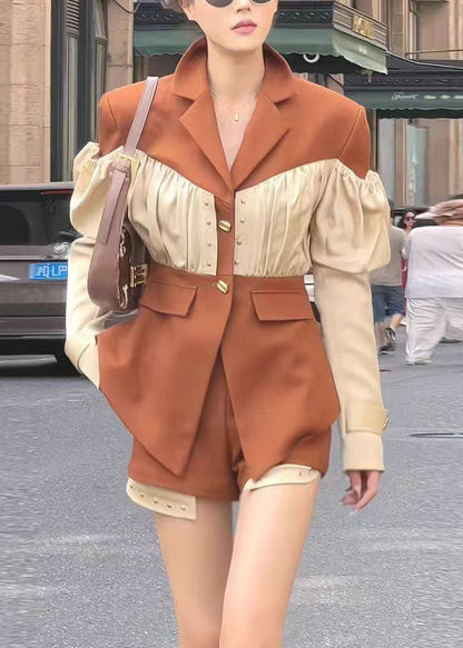 French Coffee Wrinkled Patchwork Coat and Shorts Two Pieces Spring