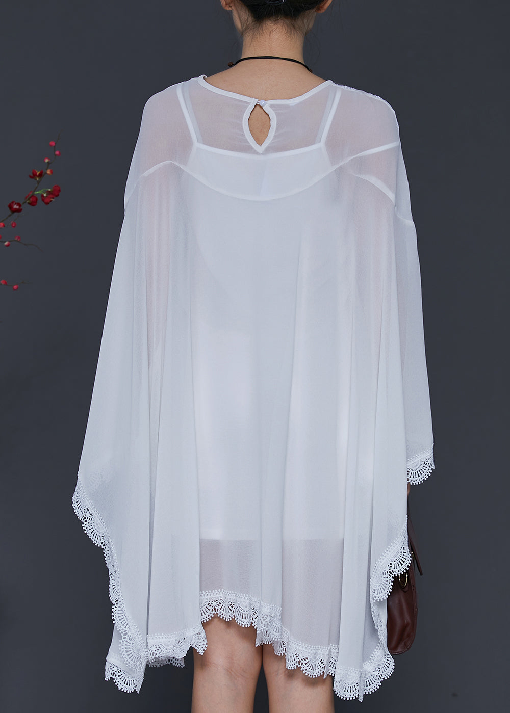 French White Embroidered Asymmetrical Chiffon Upf 50+ Shirt Summer