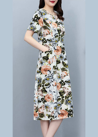 White O-neck Print Slim Silk Vacation Maxi Dresses Summer