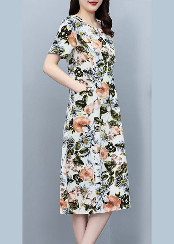 White O-neck Print Slim Silk Vacation Maxi Dresses Summer