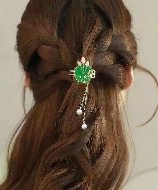 Green Sterling Silver Alloy Pearl Lotus Leaves Hairpin