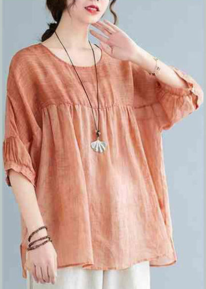 Orange O-neck Patchwork Side Open T Shirt Half Sleeve