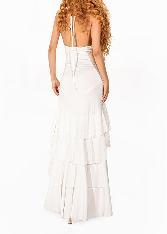 Slim Fit White Asymmetrical Ruffled Backless Tulle Maxi Dress Sleeveless Summer
