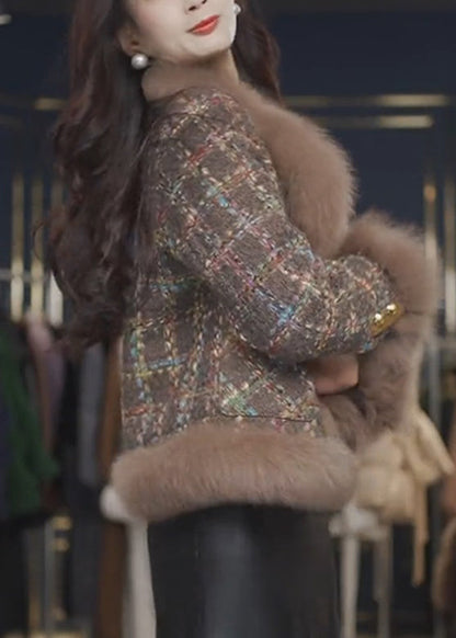 Red Fur Collar Plaid Patchwork Woolen Coats Spring