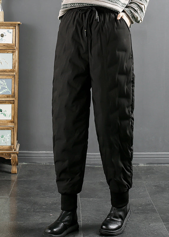 Black Pockets Elastic Waist Duck Down Beam Pants Winter