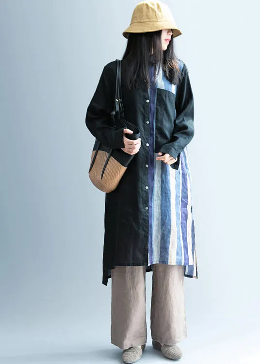 Black Low High Design Striped Linen Long Shirt Spring