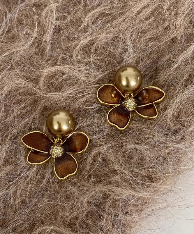 Diy Coffee Alloy Pearl Drip Glaze Stud Earrings