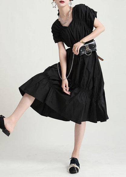 Natural Black Cotton V Neck Asymmetrical Design Summer Vacation Dress Short Sleeve