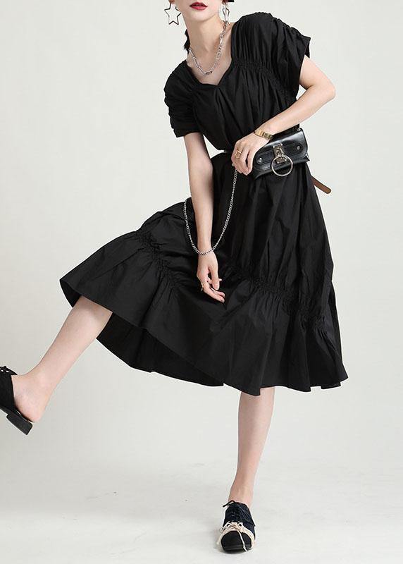 Natural Black Cotton V Neck Asymmetrical Design Summer Vacation Dress Short Sleeve