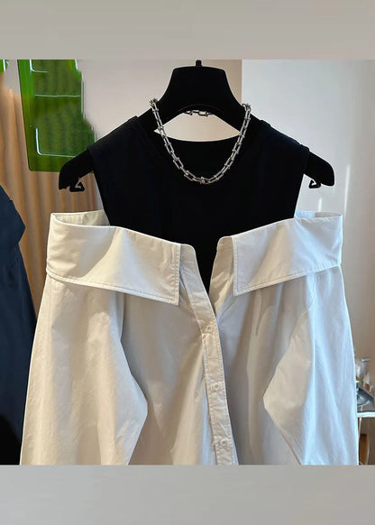 Style Black O-neck Off Shoulder Patchwork Shirts Long Sleeve