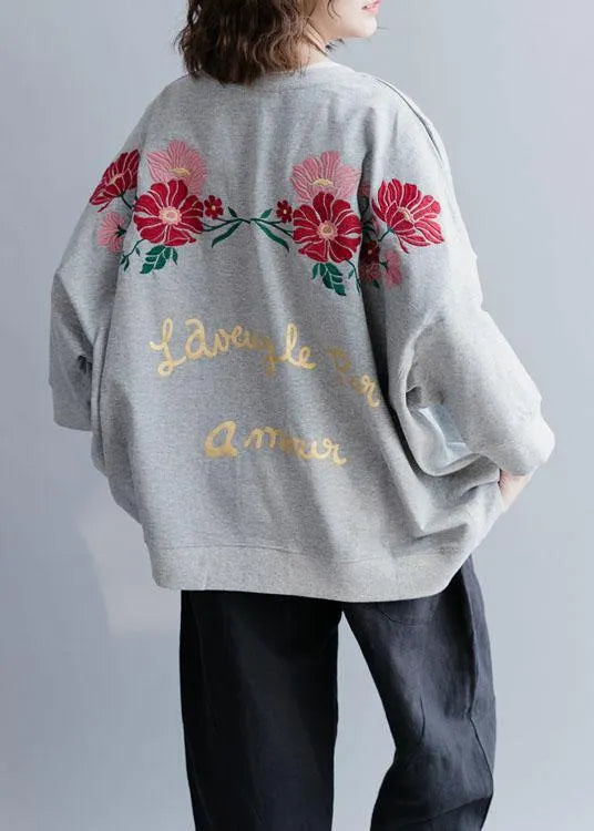 Grey Loose Batwing Sleeve Print Fall Sweatshirt Street Wear