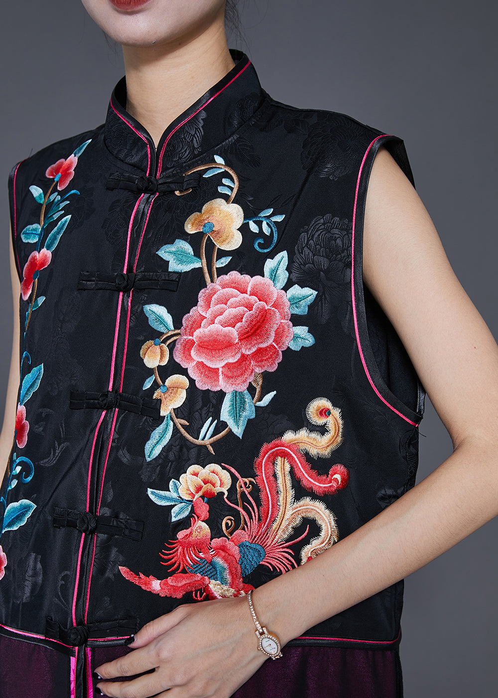 Black Embroideried Patchwork Silk Long Vest Fall