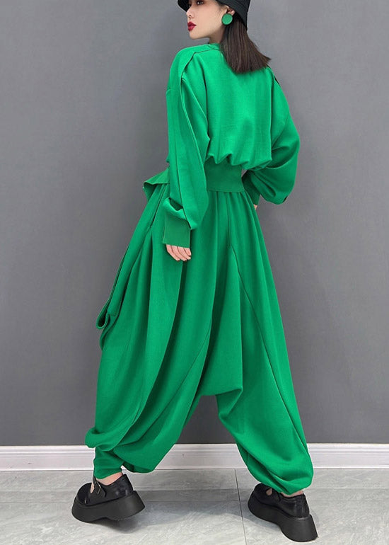 Original Design Green O-neck Asymmetrical Loose Sweatshirts Top and Harem Pants Two Piece Set Long Sleeve