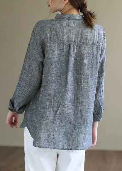 Handmade Grey Peterpan Collar Button Fall Blouses Long Sleeve
