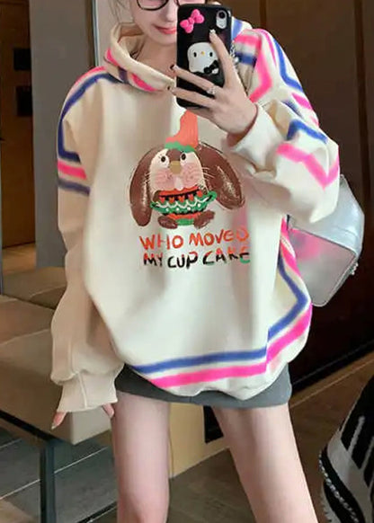 Style Apricot Hooded Cartoon Print Cotton Pullover Spring