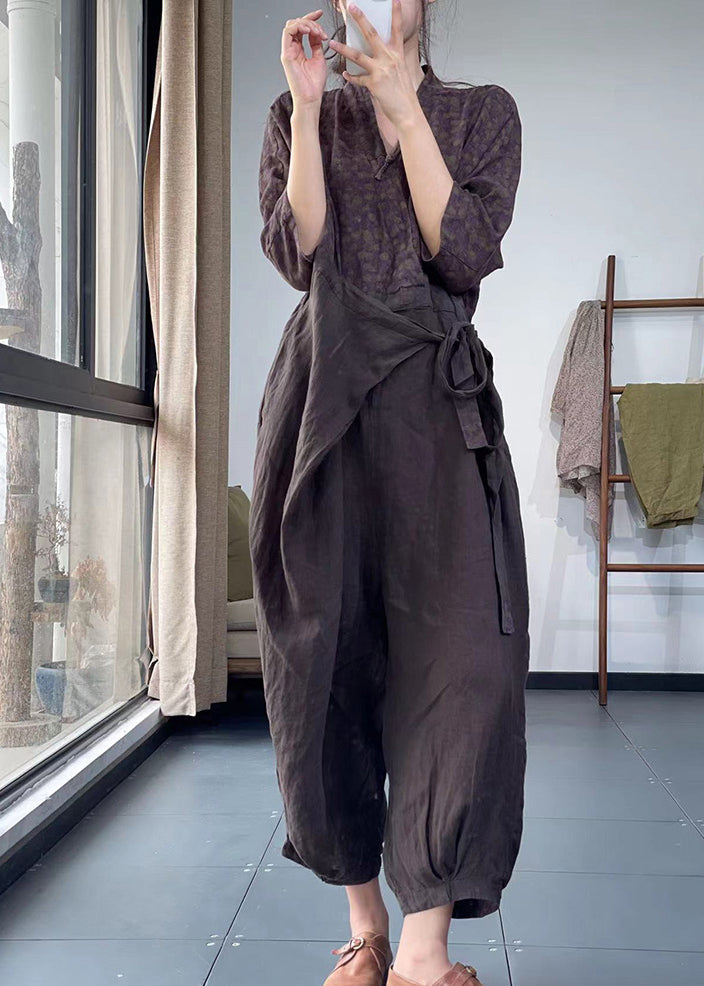 Coffee Purple V Neck Print Lace Up Patchwork Cotton Jumpsuit Spring