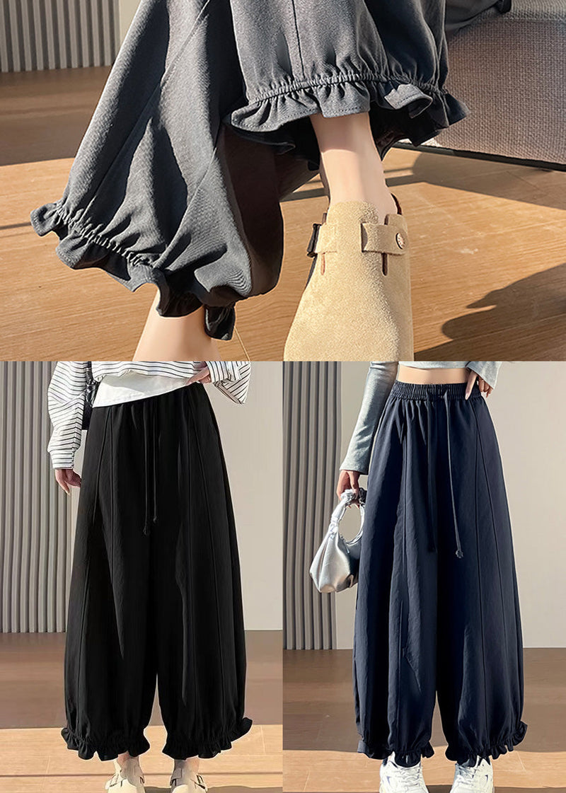 Black Elastic Waist Ruffled Cotton Pants Fall