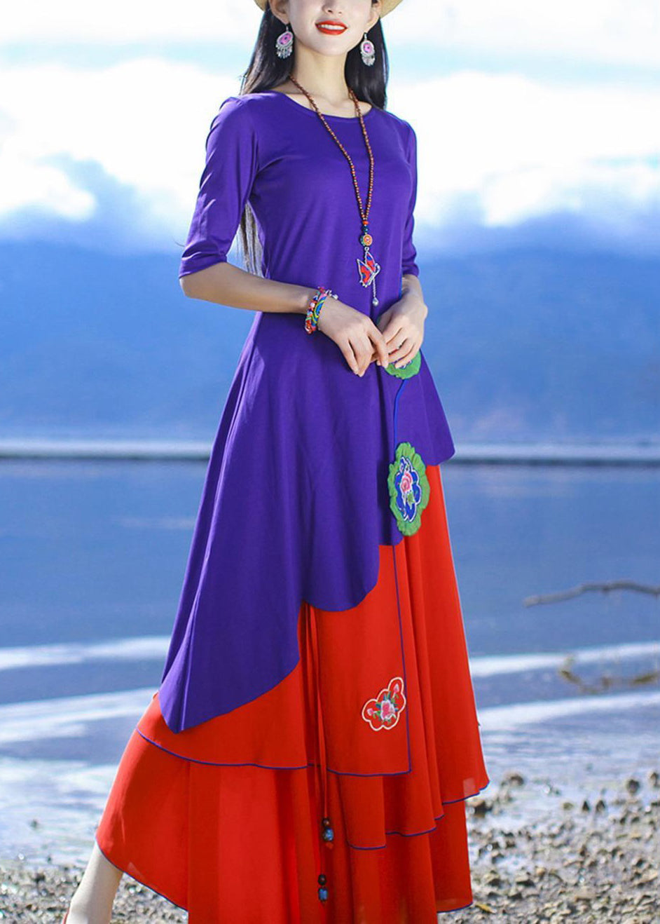 Purple O-neck Asymmetrical Cotton T Shirts Half Sleeve